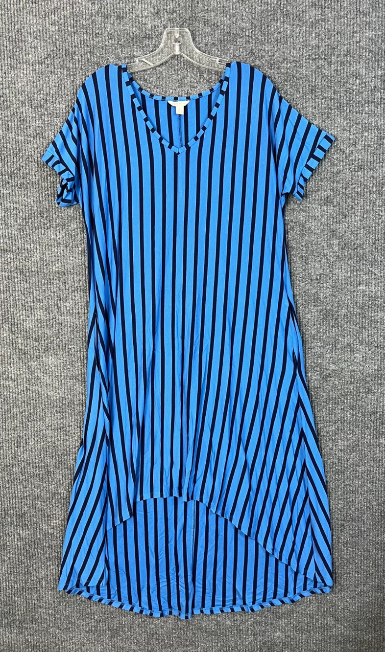 Cato Midi Dress Women Large Blue Striped High Low Hem Short Sleeve V Neck Casual